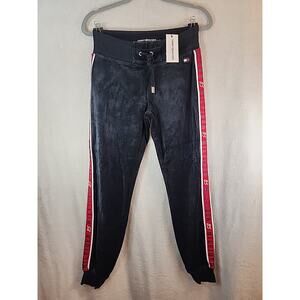Tommy Hilfiger Sport Logo Striped Black Velour Joggers XS New